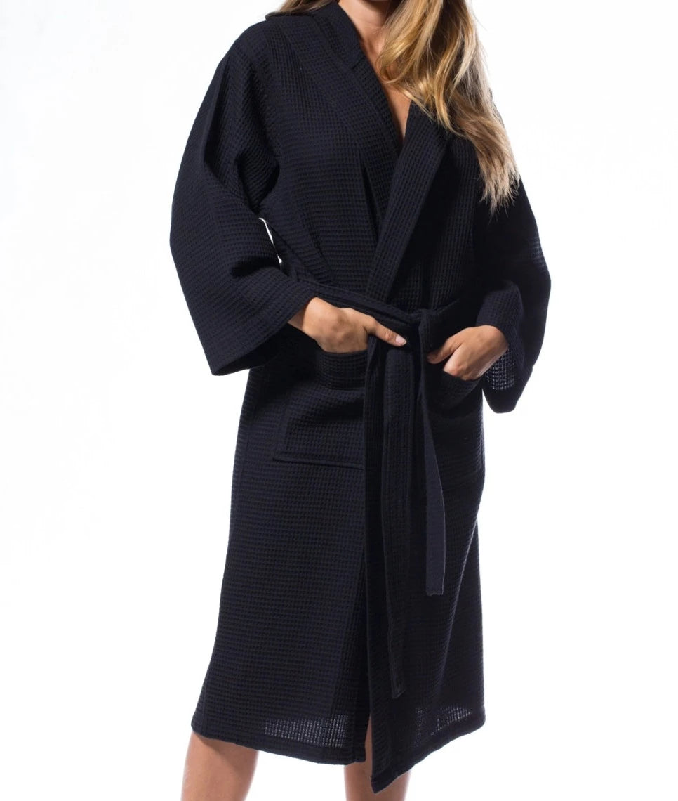 Waffle Weave Hooded Long Robe Square Pattern