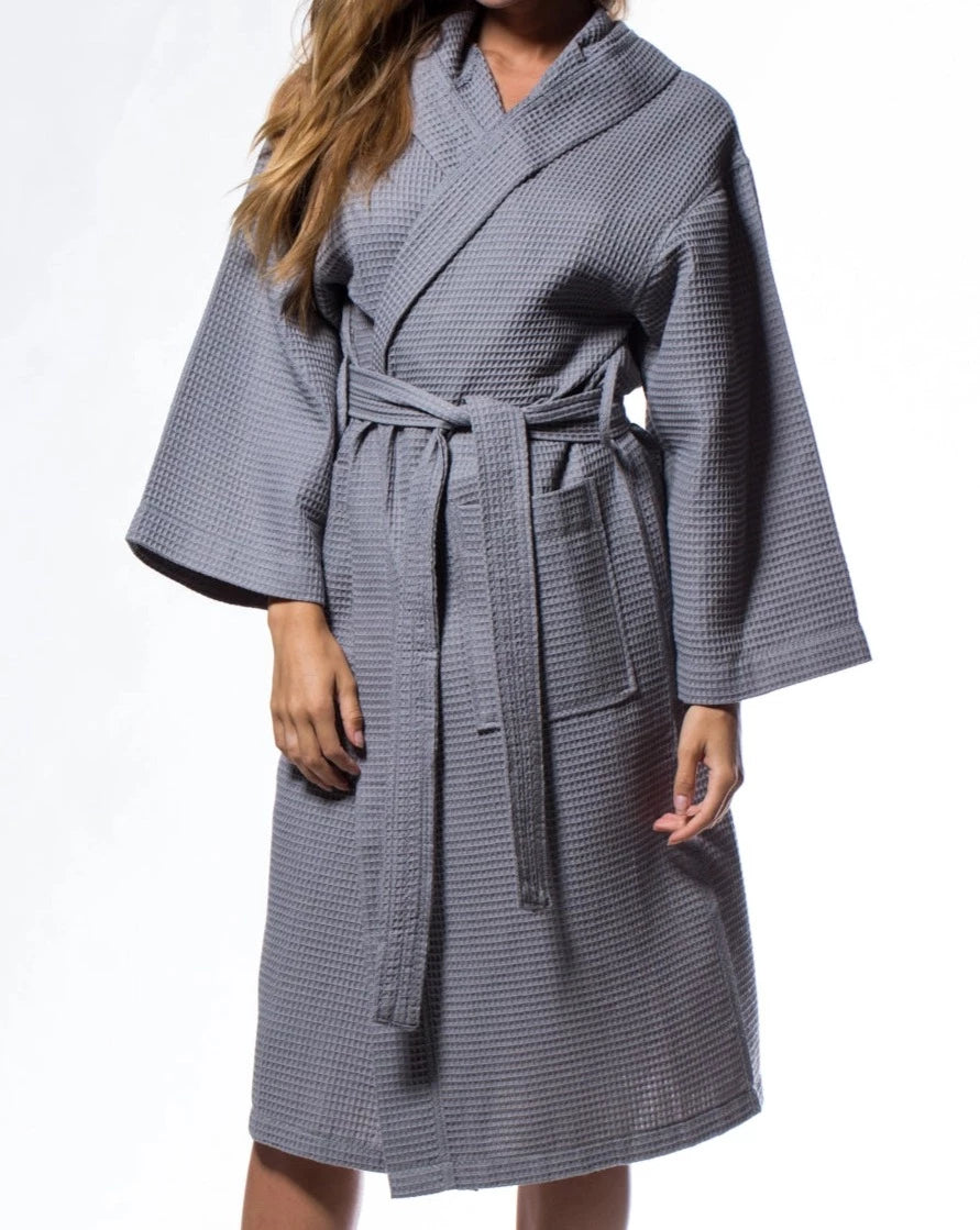 Waffle Weave Hooded Long Robe Square Pattern