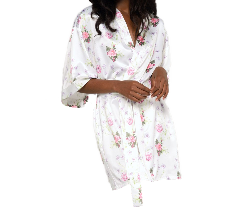 White Jasmine Floral Satin Kimono Short Robe