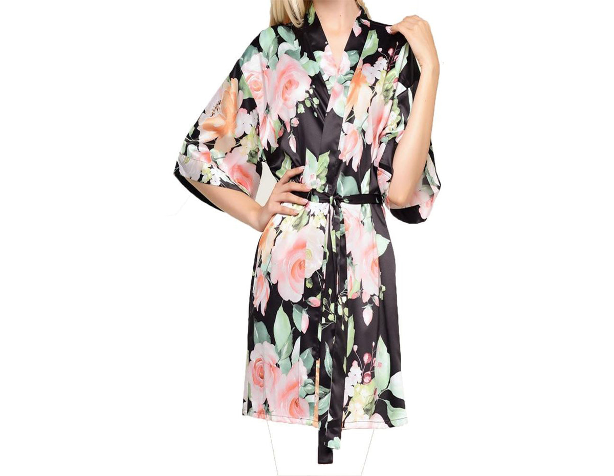 Carmen Floral Satin Kimono Short Robe Alpha Cotton