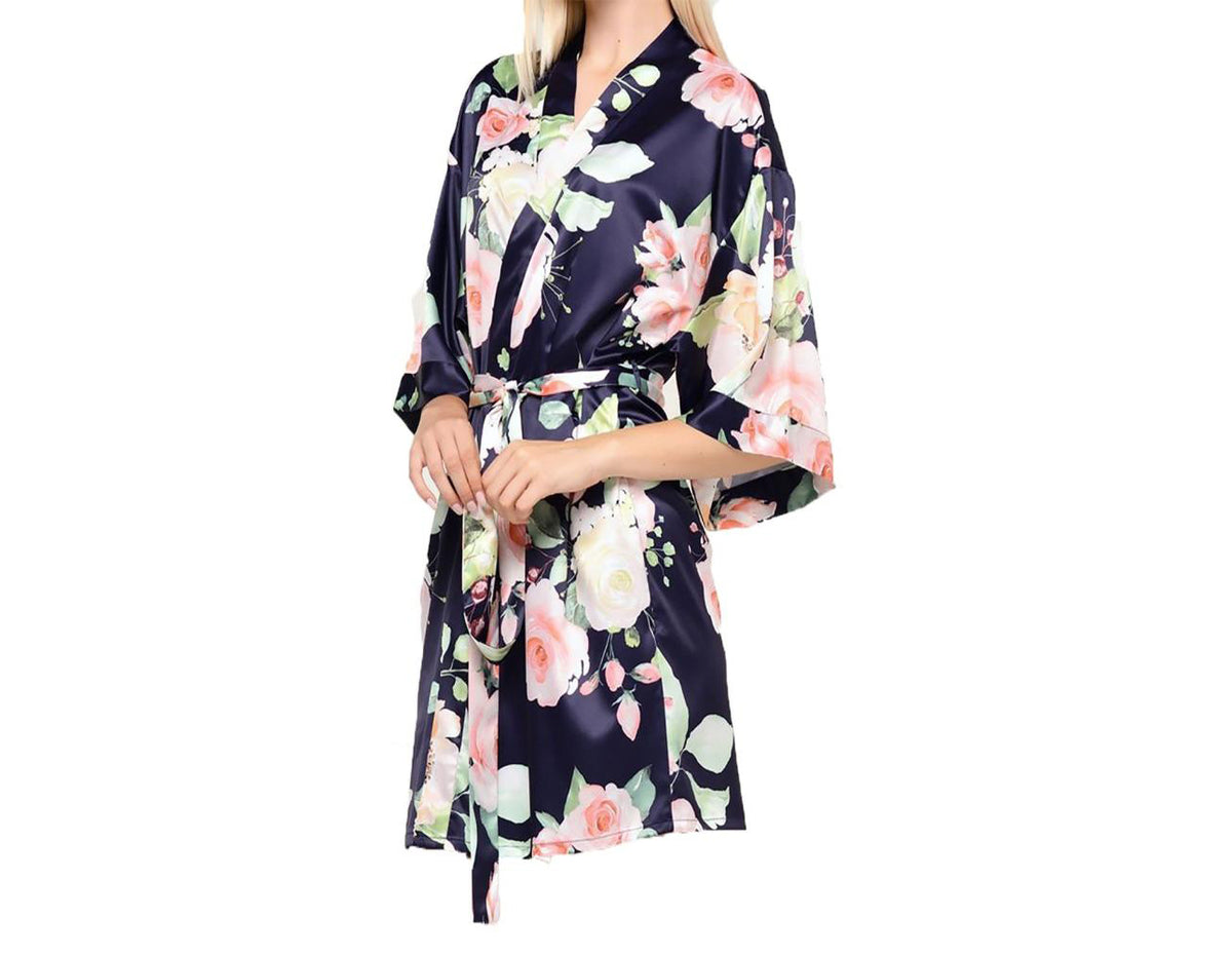 Carmen Floral Satin Kimono Short Robe Alpha Cotton