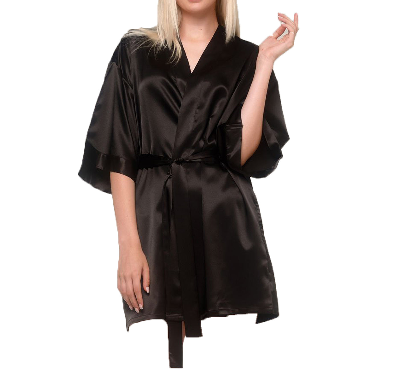 OPOIPIN Women's Satin Kimono Short Robe V Neck Wide Long Sleeve Self Waist  Tie Sleepwear Black X-Large - Yahoo Shopping