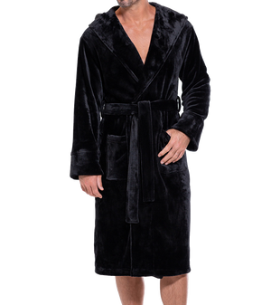 Mens Jet Black Plush Fleece Collared Bath Robe