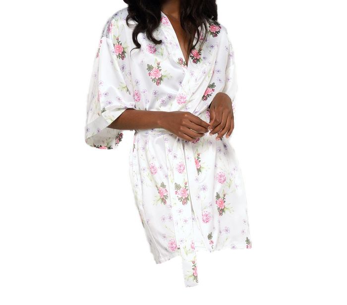White Jasmine Floral Satin Kimono Short Robe